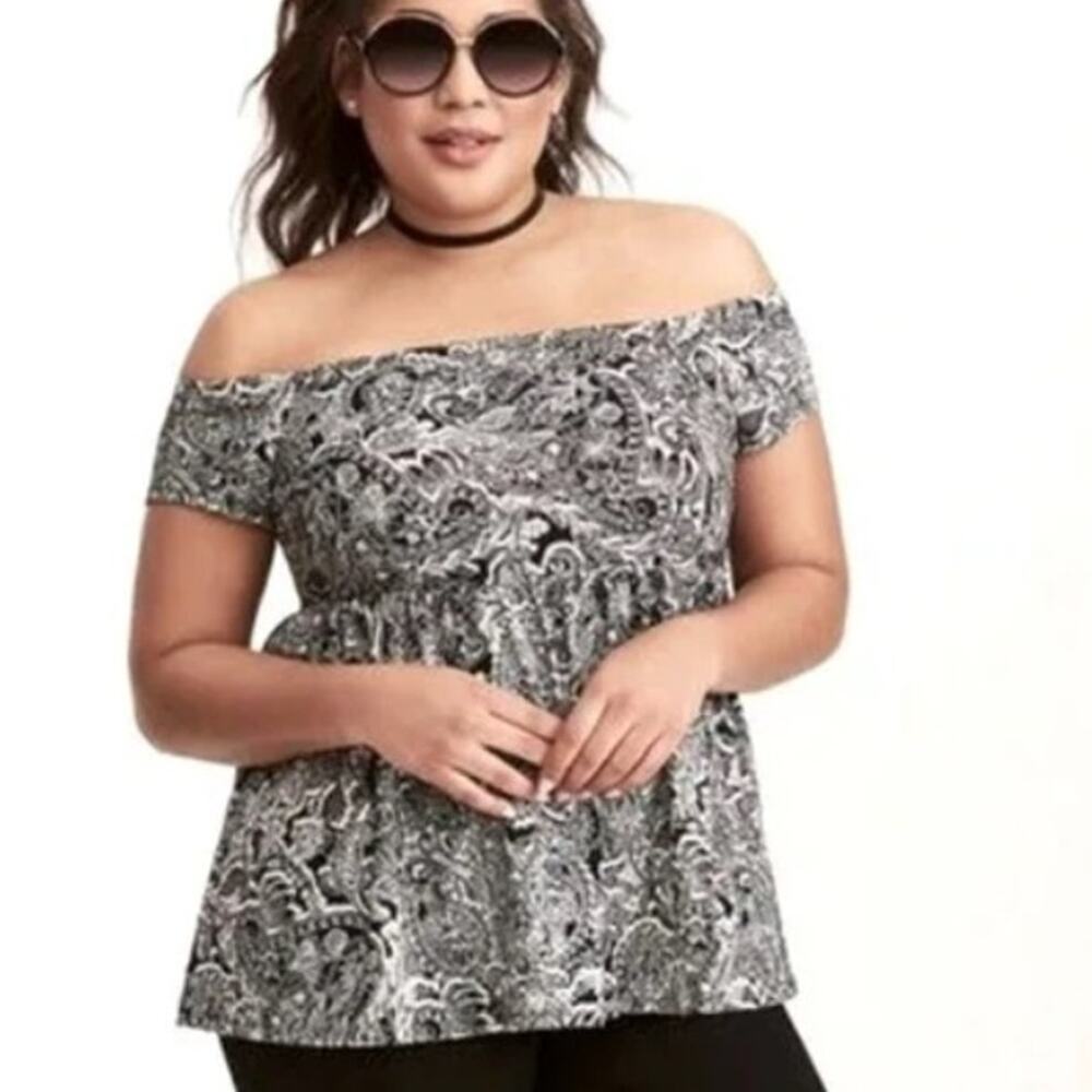 Torrid Paisley Print Off Shoulder Babydoll Top Womens Size 3X Black White Knit